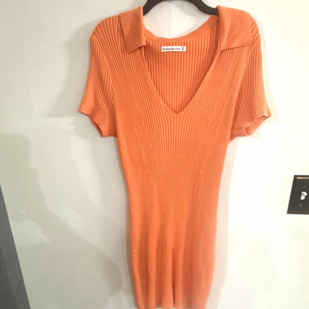 Abercrombie & Fitch Orange Solid Knit V-Neck Collared Bodycon Dress Size M